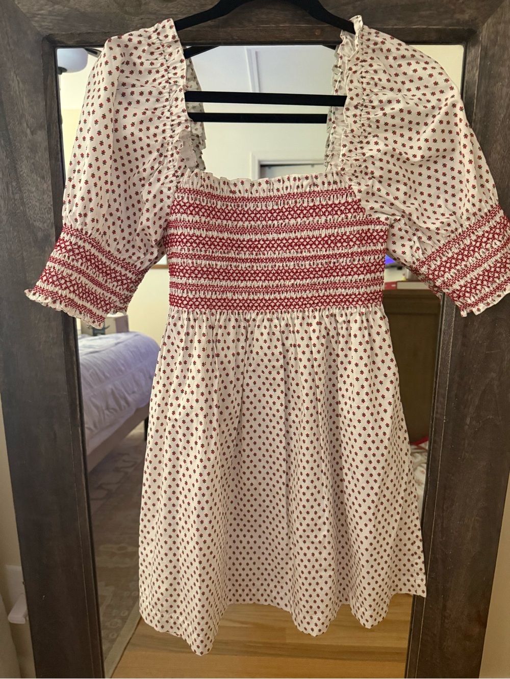 Hill House Cream Dress with Red Smocked Bodice